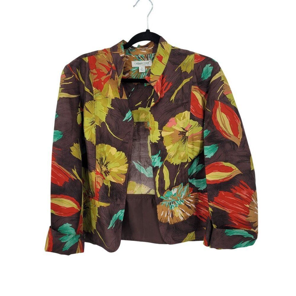 Vtg Womens Petites Silk Fall Floral Open Front Jacket Sz PL Multicolor Statement